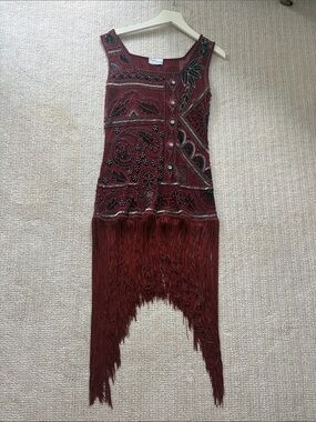 Unique Vintage Maroon Beaded Asymmetrical Fringe Flapper Dress